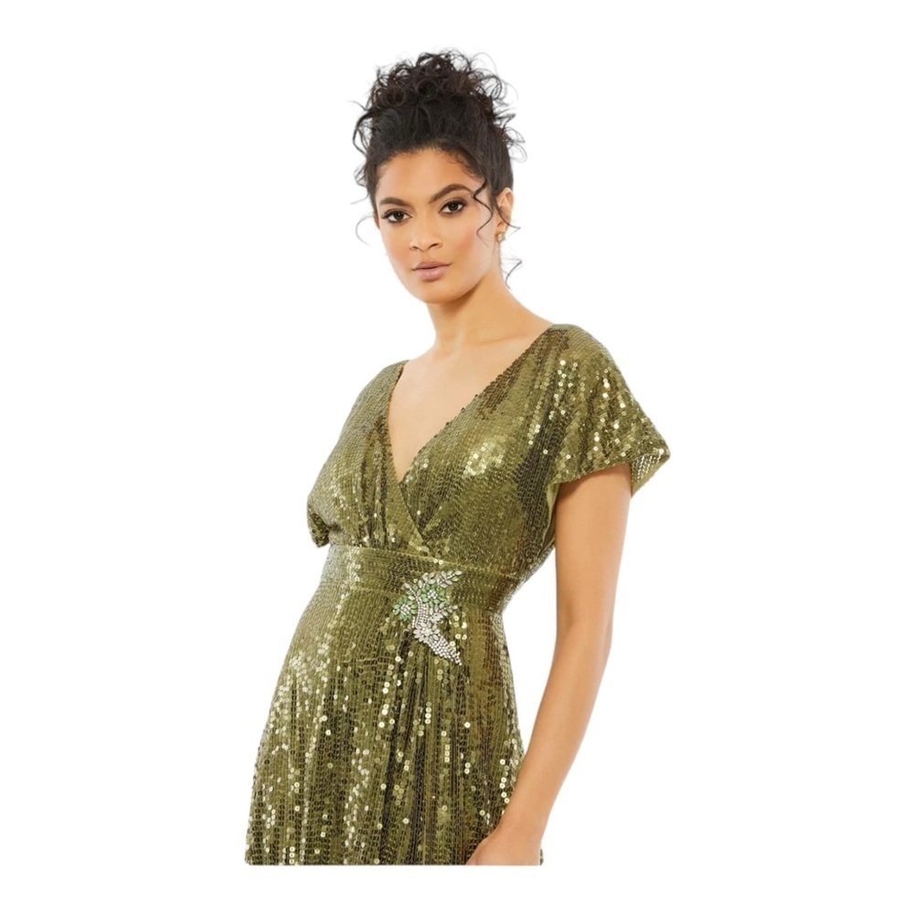 Mac Duggal Sequined Butterfly Sleeve Wrap Over A Line Gown in Olive NWT - Picture 3 of 8